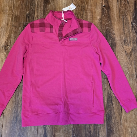 Vineyard Vines Sweaters - Vineyard Vines Women's V-Neck Pullover in Bright Pink with Plaid Yoke
